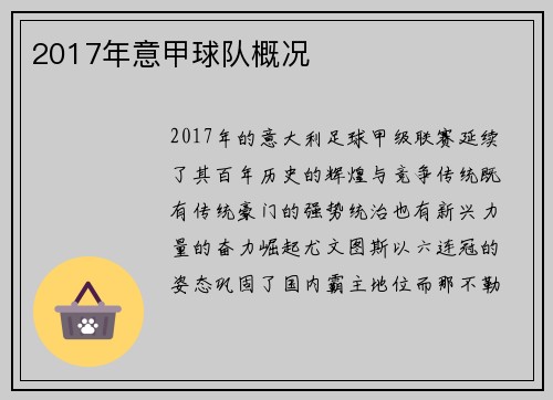 2017年意甲球队概况
