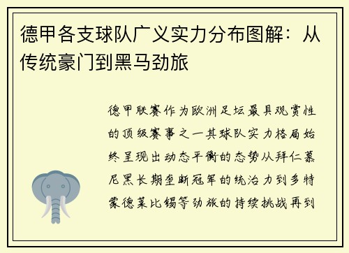 德甲各支球队广义实力分布图解：从传统豪门到黑马劲旅